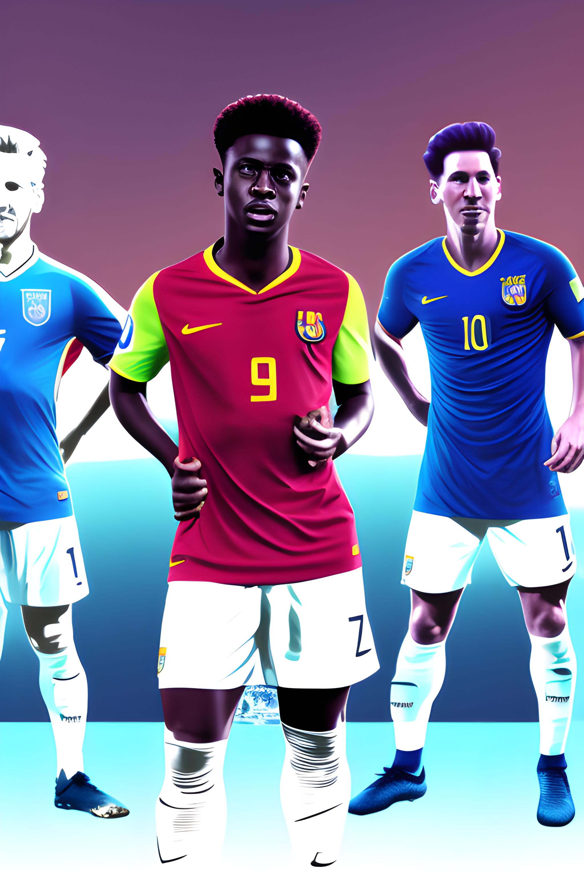 Harry Kane,Messi,Bukayo Saka And Erling Haaland and Lamine Yamal standing together holding a World Cup ball
